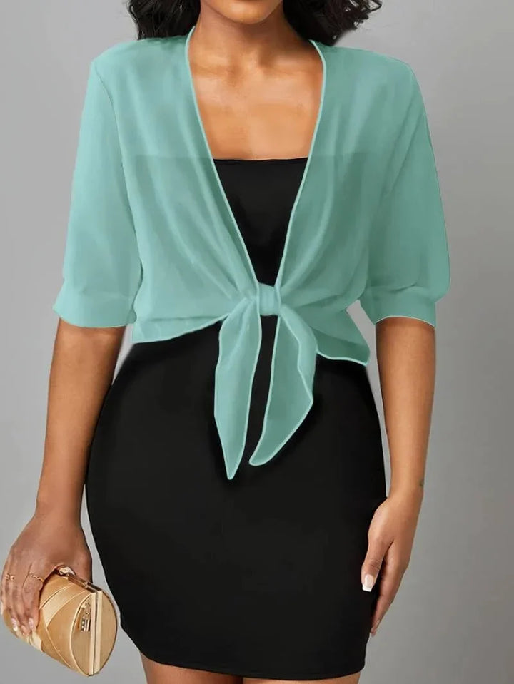 Women's sheer tie-front blouse with 3/4 sleeve and open front