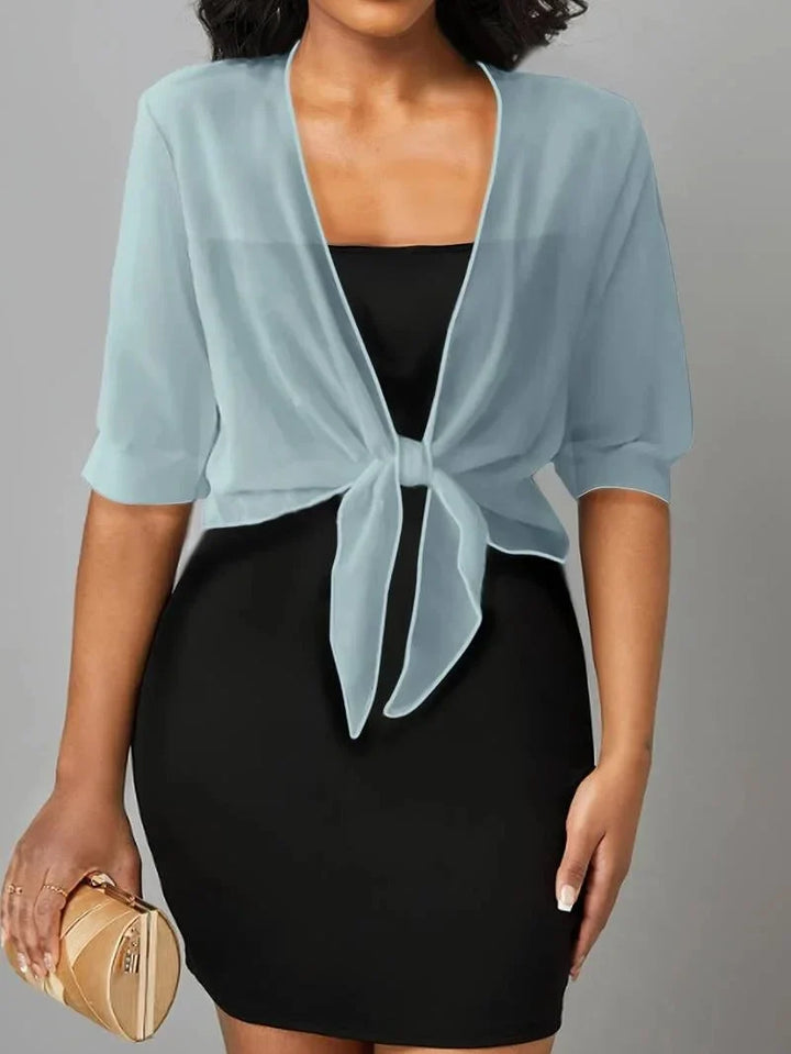 Women's sheer tie-front blouse with 3/4 sleeve and open front