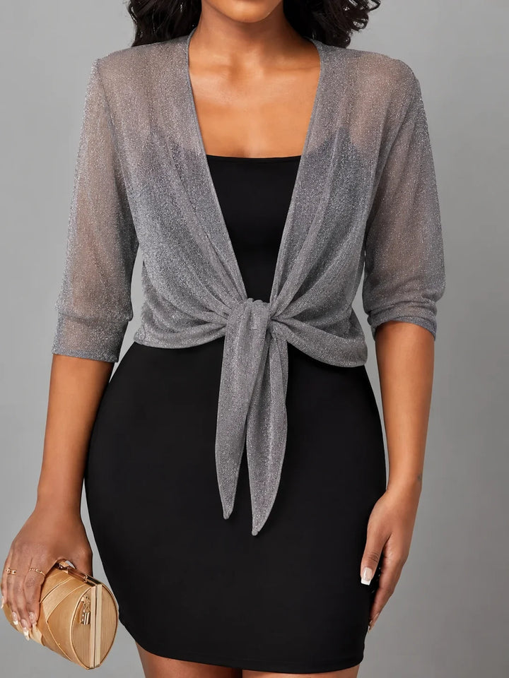 Women's sheer tie-front blouse with 3/4 sleeve and open front