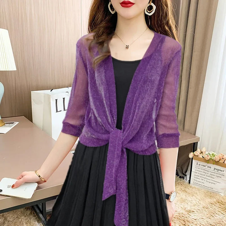 Women's sheer tie-front blouse with 3/4 sleeve and open front