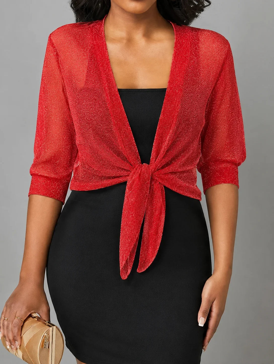 Women's sheer tie-front blouse with 3/4 sleeve and open front