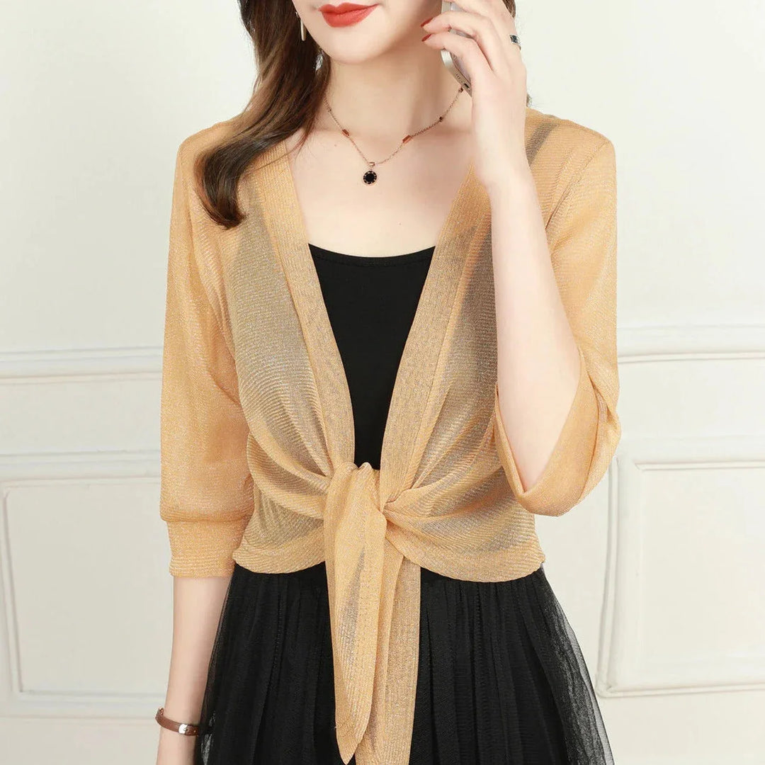 Women's sheer tie-front blouse with 3/4 sleeve and open front