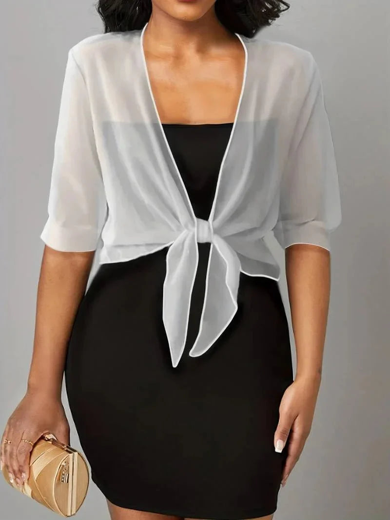 Women's sheer tie-front blouse with 3/4 sleeve and open front