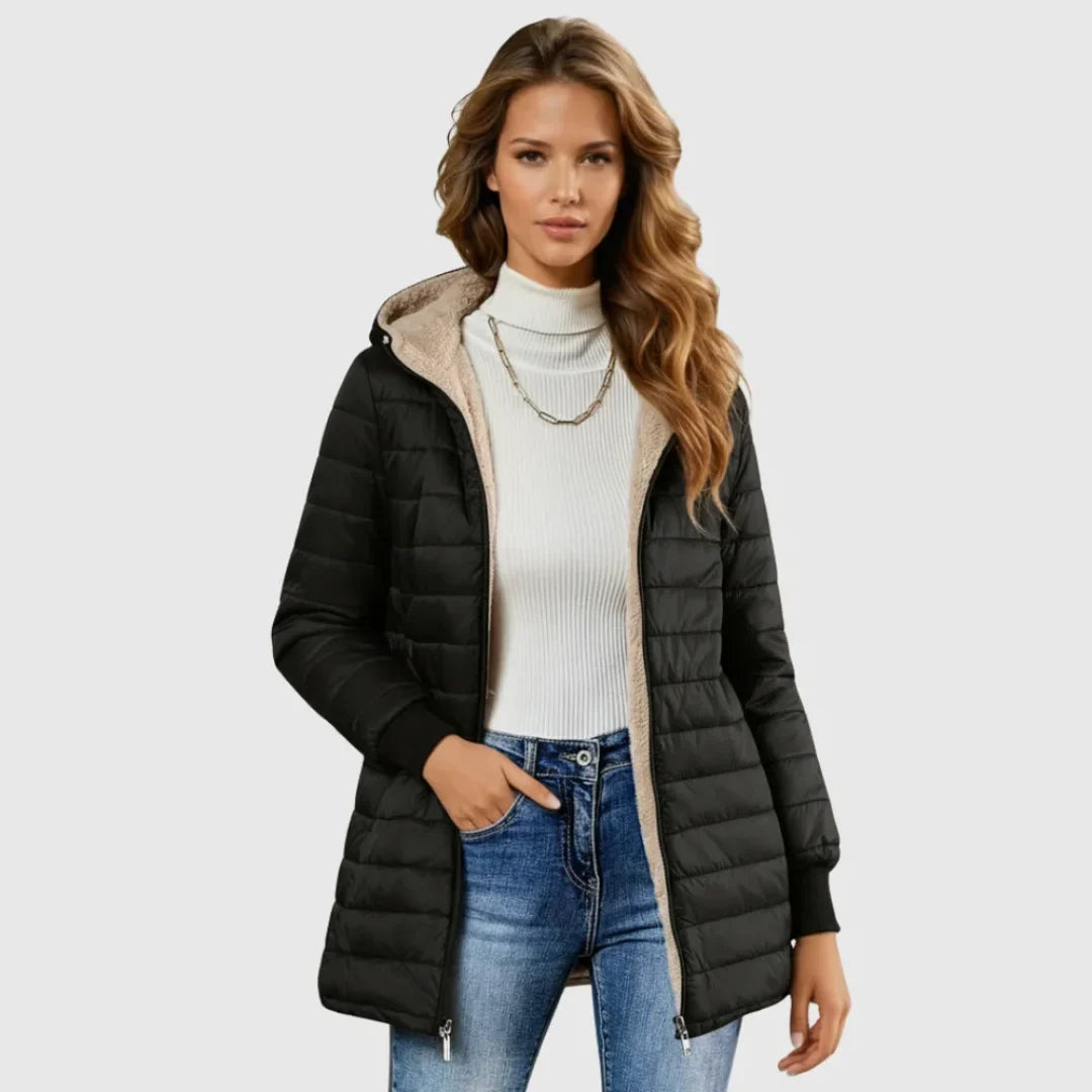 Women's sherpa-lined puffer jacket with hood and ribbed cuffs