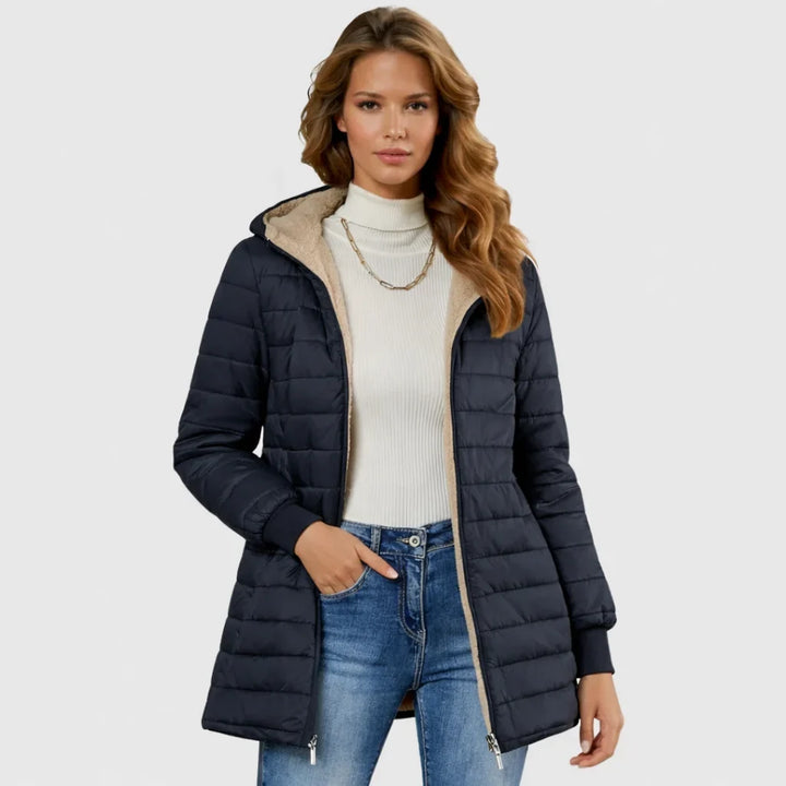 Women's sherpa-lined puffer jacket with hood and ribbed cuffs