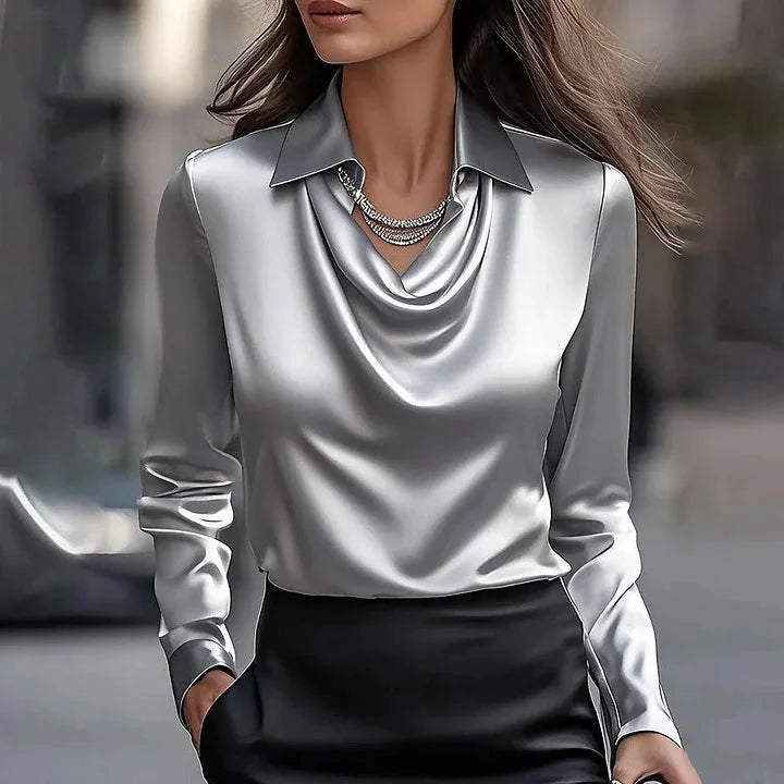 Women's shiny satin blouse with V-neck cowl design and long sleeves