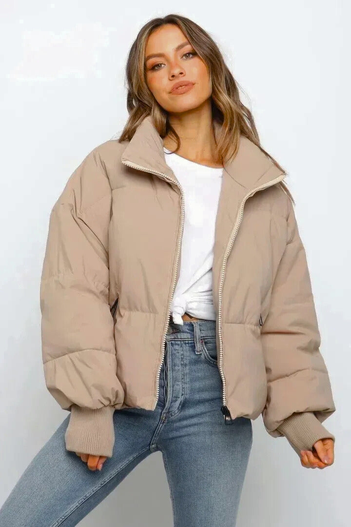 Kacob | Women's Short Quilted Cropped Puffer Jacket – Stand Collar Zip Front Boxy Padded Jacket