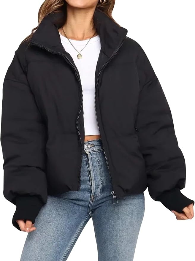 Kacob | Women's Short Quilted Cropped Puffer Jacket – Stand Collar Zip Front Boxy Padded Jacket