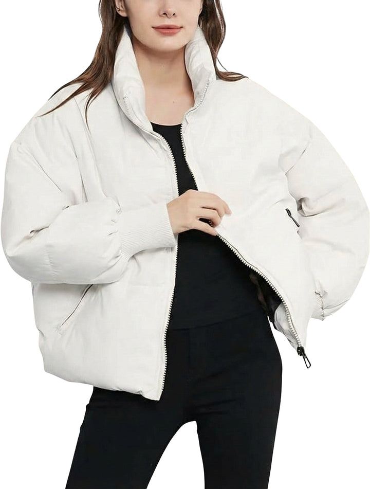 Kacob | Women's Short Quilted Cropped Puffer Jacket – Stand Collar Zip Front Boxy Padded Jacket