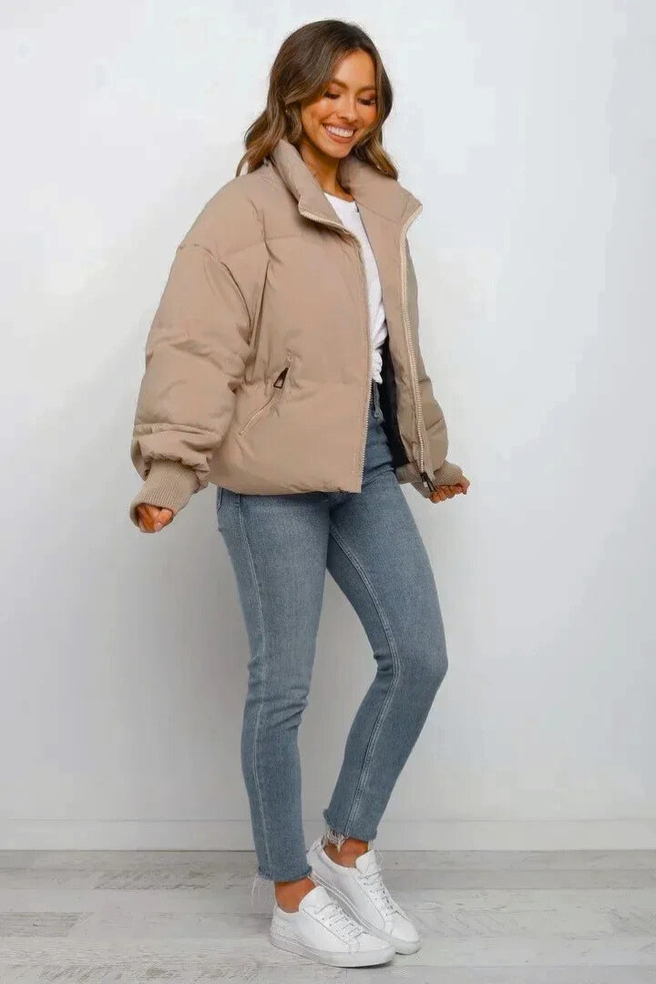 Kacob | Women's Short Quilted Cropped Puffer Jacket – Stand Collar Zip Front Boxy Padded Jacket