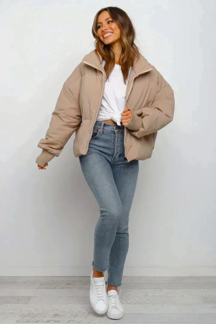 Kacob | Women's Short Quilted Cropped Puffer Jacket – Stand Collar Zip Front Boxy Padded Jacket