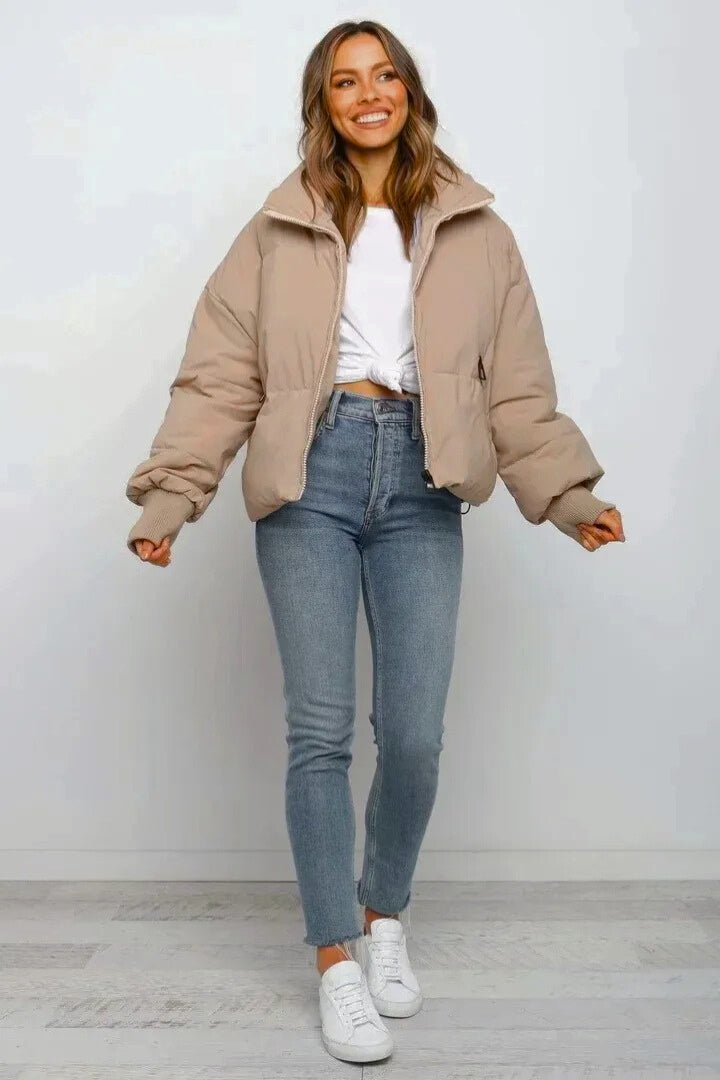 Kacob | Women's Short Quilted Cropped Puffer Jacket – Stand Collar Zip Front Boxy Padded Jacket
