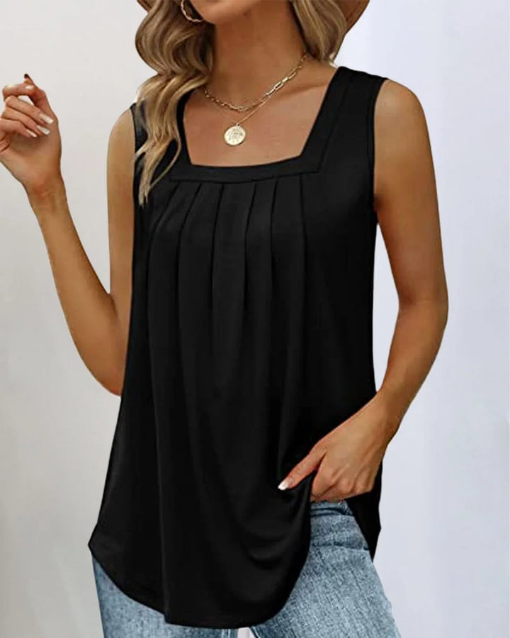Women's sleeveless pleated knit top with relaxed fit and square neck