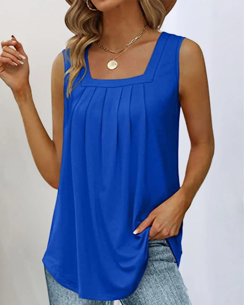 Women's sleeveless pleated knit top with relaxed fit and square neck