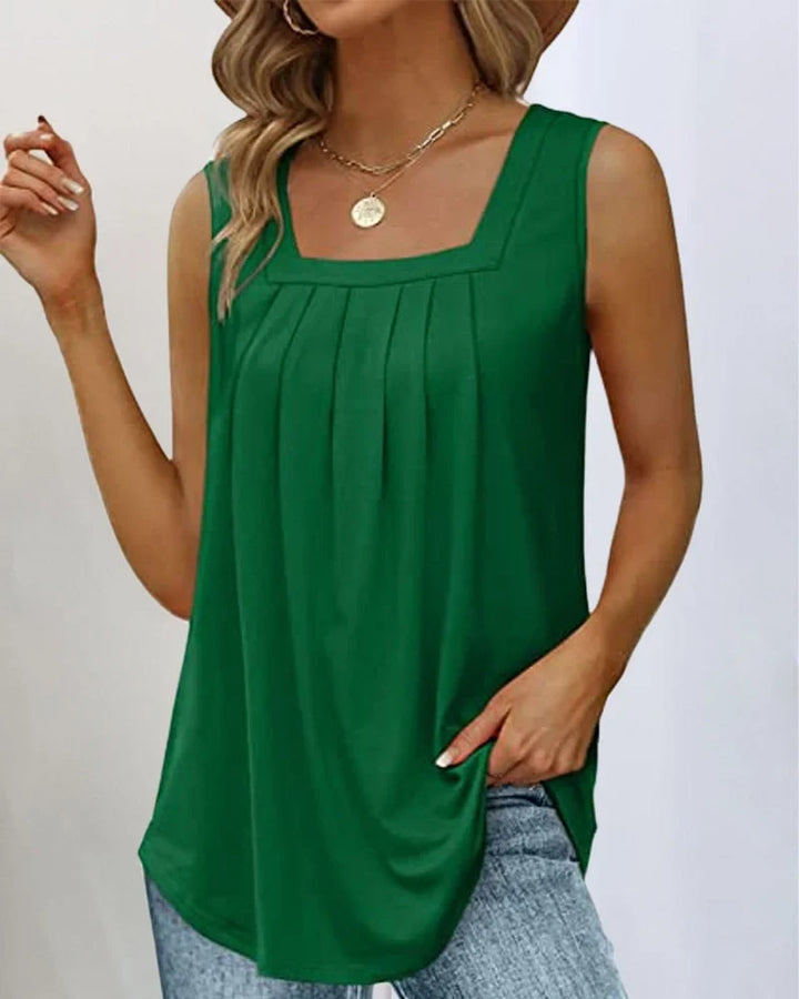 Women's sleeveless pleated knit top with relaxed fit and square neck