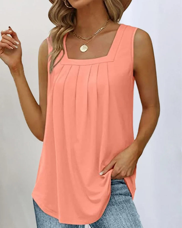 Women's sleeveless pleated knit top with relaxed fit and square neck