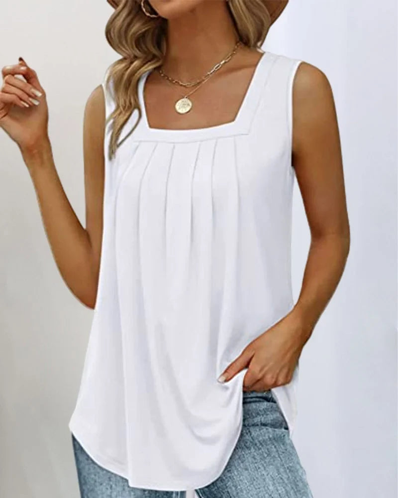 Women's sleeveless pleated knit top with relaxed fit and square neck