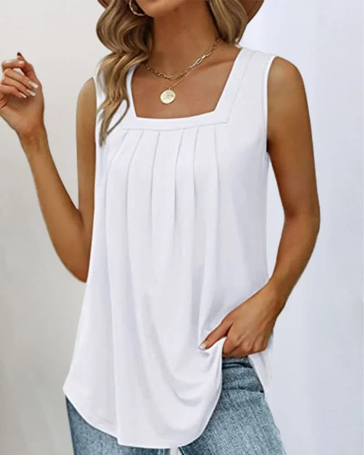 Women's sleeveless pleated knit top with relaxed fit and square neck