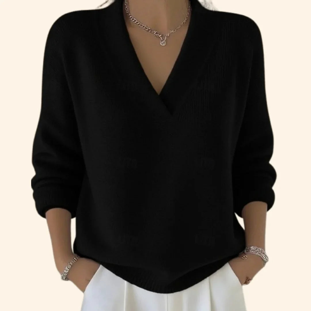 Women's soft knit relaxed blouse with V-neck and long sleeves