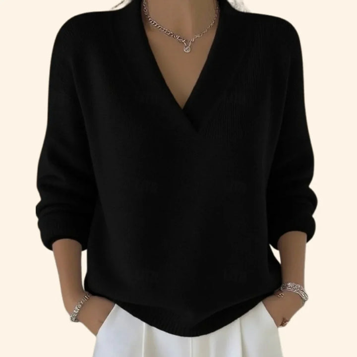 Women's soft knit relaxed blouse with V-neck and long sleeves