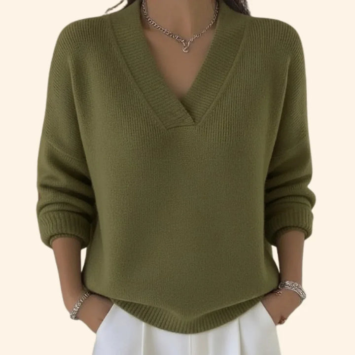 Women's soft knit relaxed blouse with V-neck and long sleeves