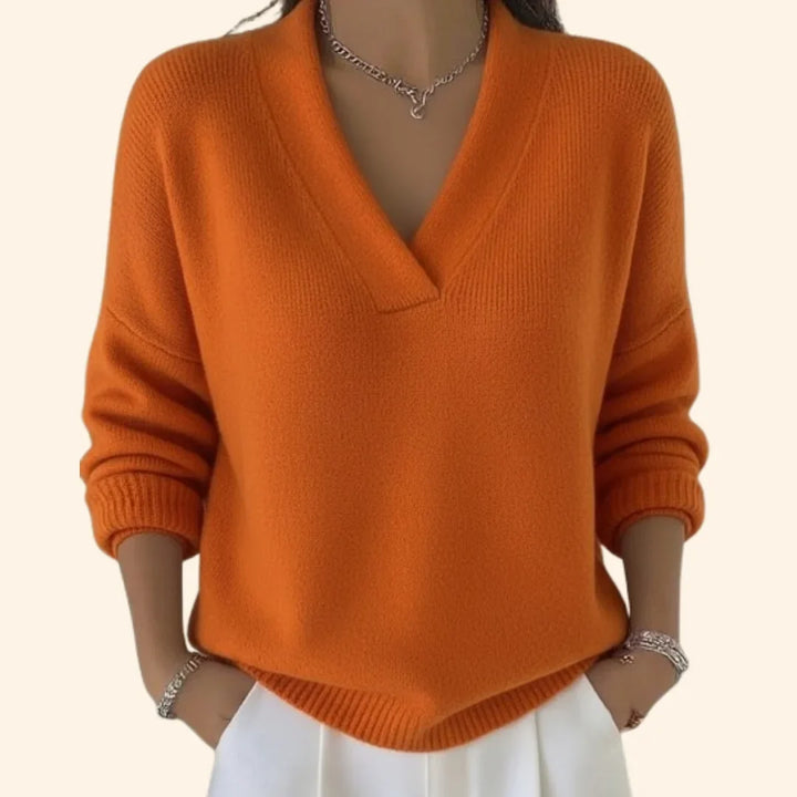 Women's soft knit relaxed blouse with V-neck and long sleeves