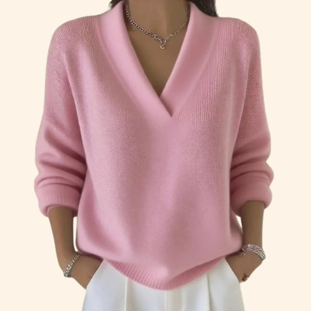 Women's soft knit relaxed blouse with V-neck and long sleeves