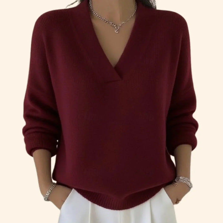 Women's soft knit relaxed blouse with V-neck and long sleeves