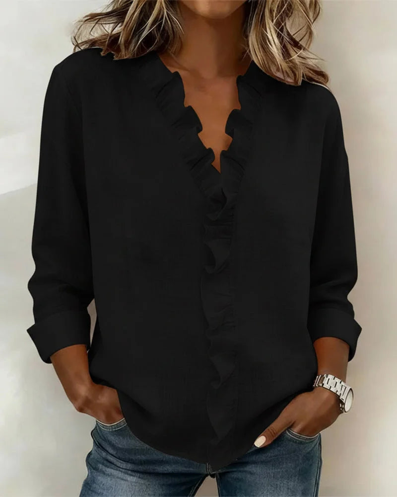 Women's spring long-sleeve blouse with ruffle V-neck and relaxed fit