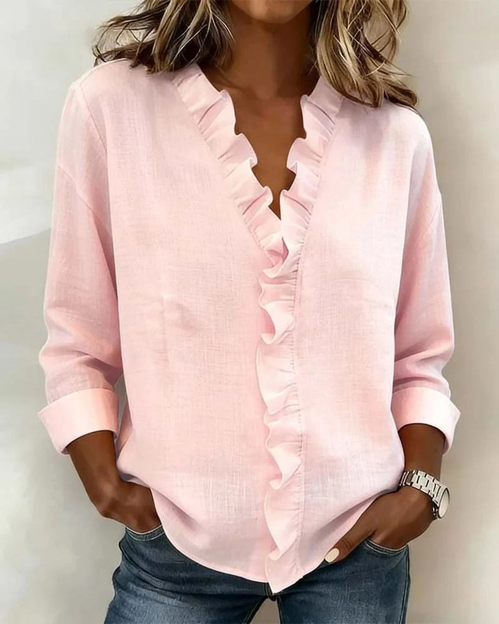 Women's spring long-sleeve blouse with ruffle V-neck and relaxed fit