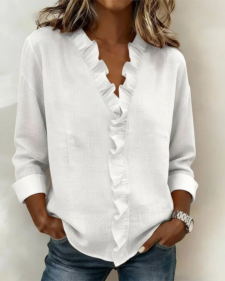 Women's spring long-sleeve blouse with ruffle V-neck and relaxed fit