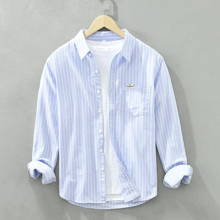 Women's striped casual button-up long-sleeve shirt with chest pocket