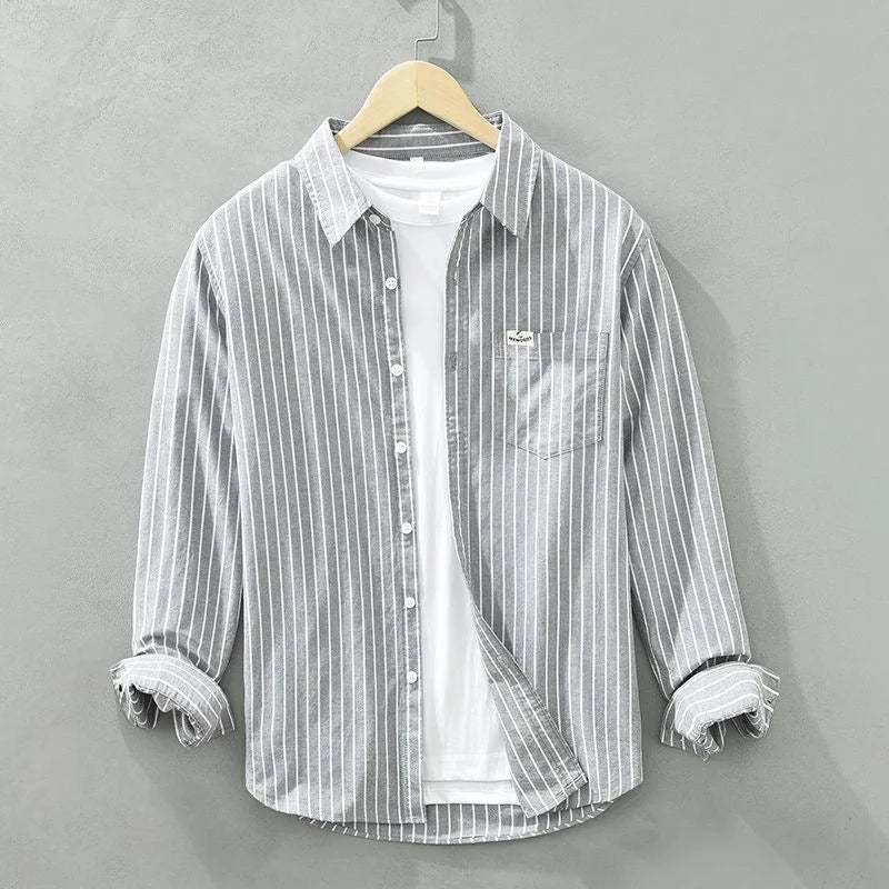 Women's striped casual button-up long-sleeve shirt with chest pocket