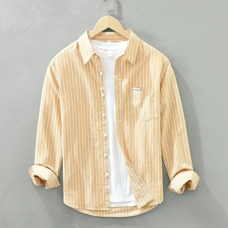 Women's striped casual button-up long-sleeve shirt with chest pocket