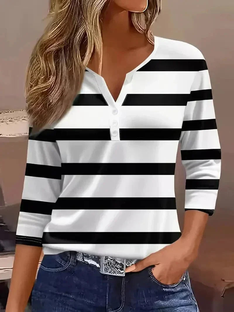 Women's striped henley top with 3/4-sleeve and V-neck