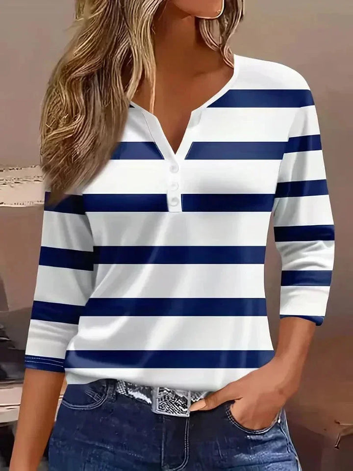 Women's striped henley top with 3/4-sleeve and V-neck