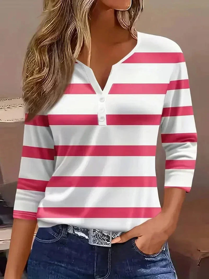 Women's striped henley top with 3/4-sleeve and V-neck