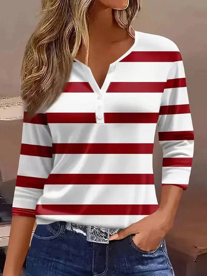 Women's striped henley top with 3/4-sleeve and V-neck