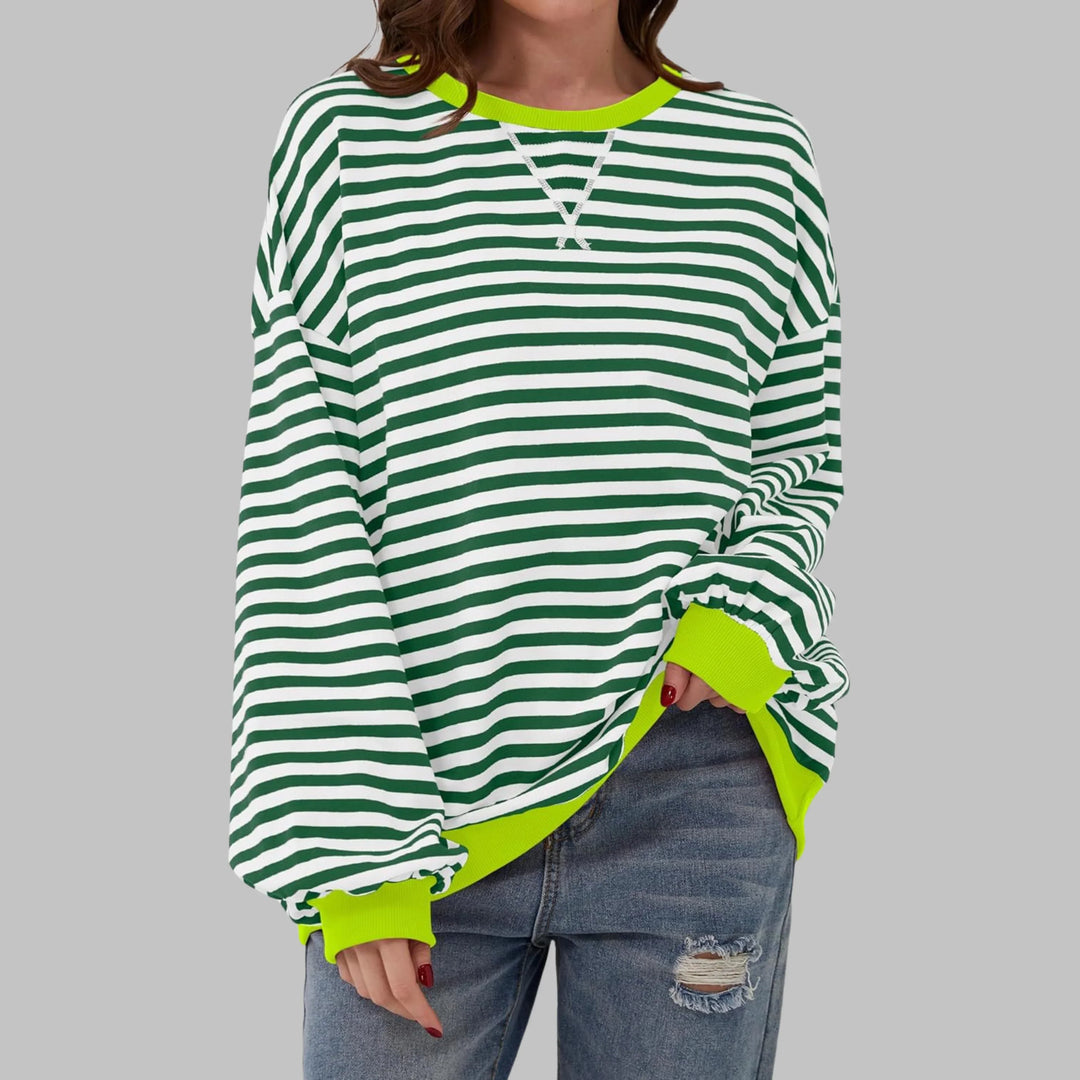 Women's striped oversized long-sleeve tee shirt style sweatshirt with crewneck
