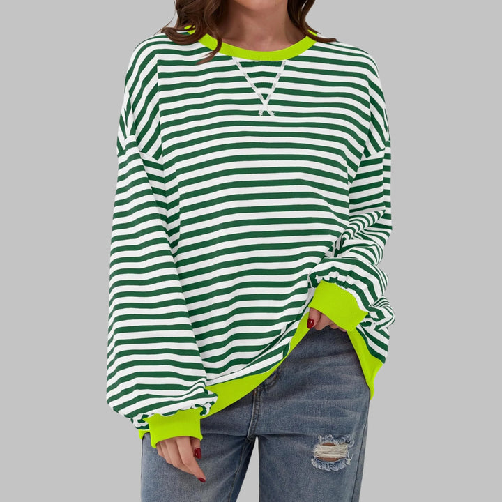 Women's striped oversized long-sleeve tee shirt style sweatshirt with crewneck