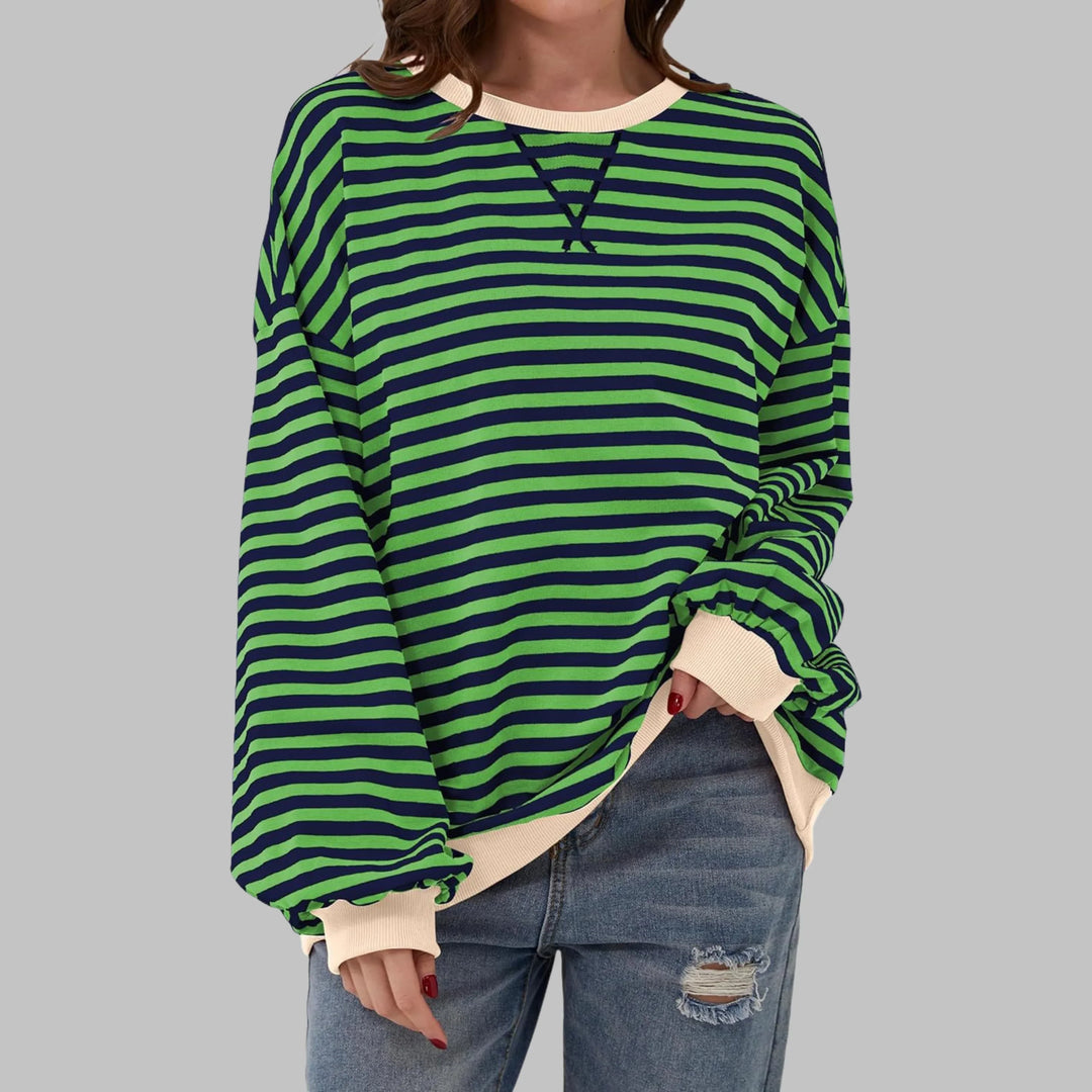 Women's striped oversized long-sleeve tee shirt style sweatshirt with crewneck