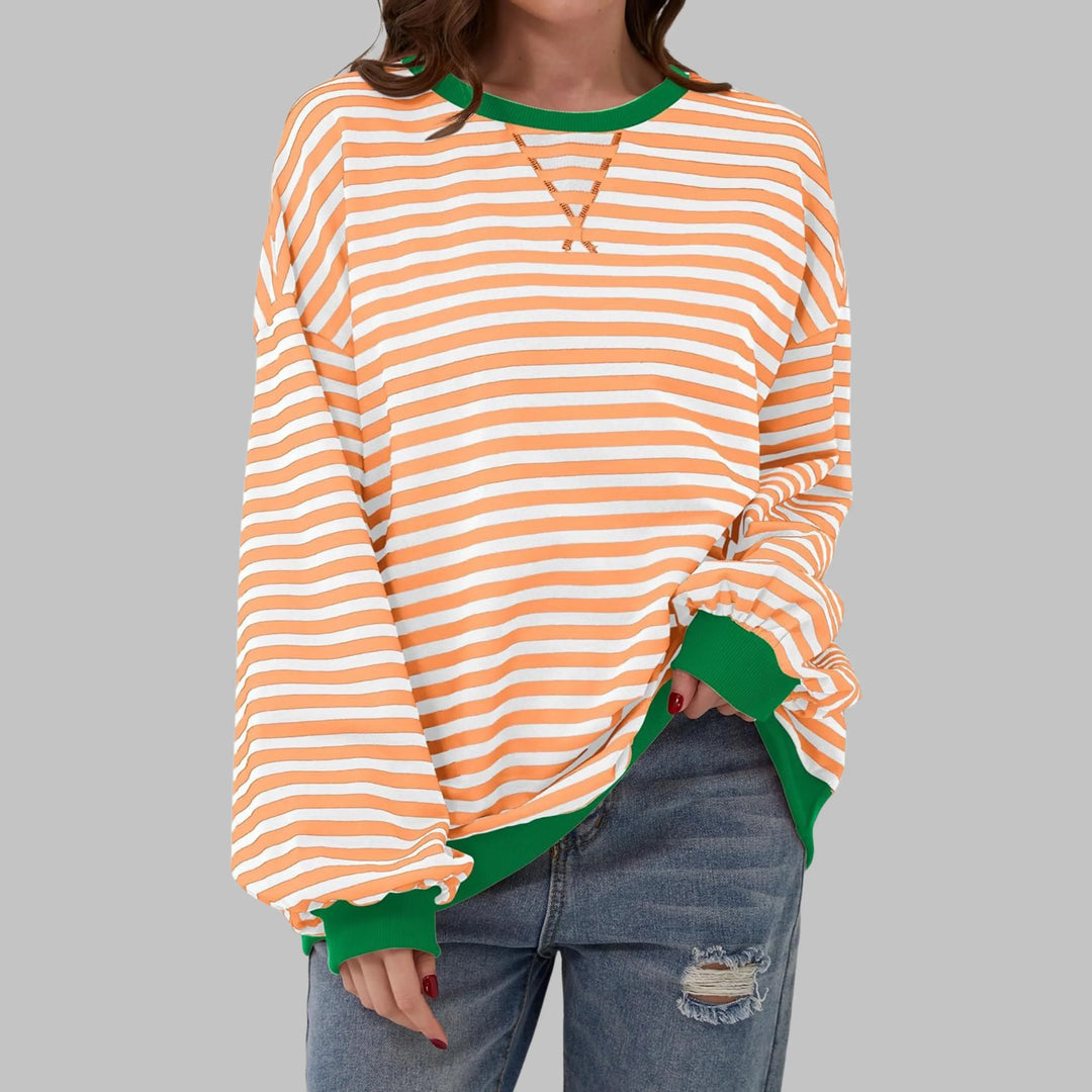 Women's striped oversized long-sleeve tee shirt style sweatshirt with crewneck