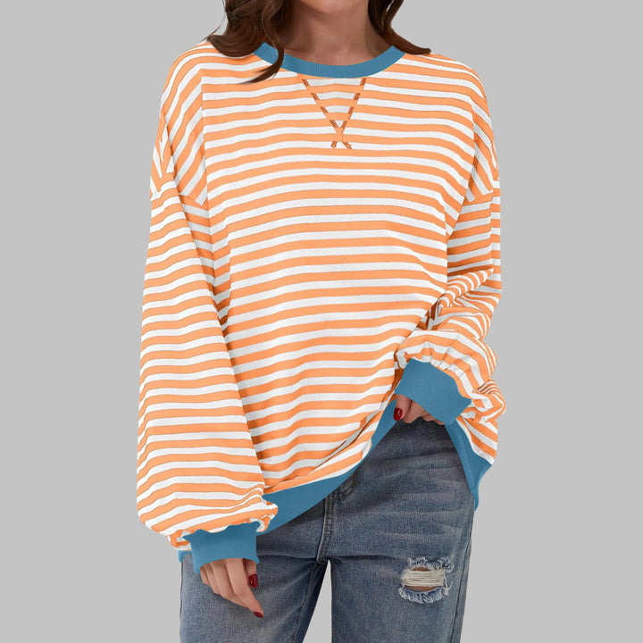 Women's striped oversized long-sleeve tee shirt style sweatshirt with crewneck
