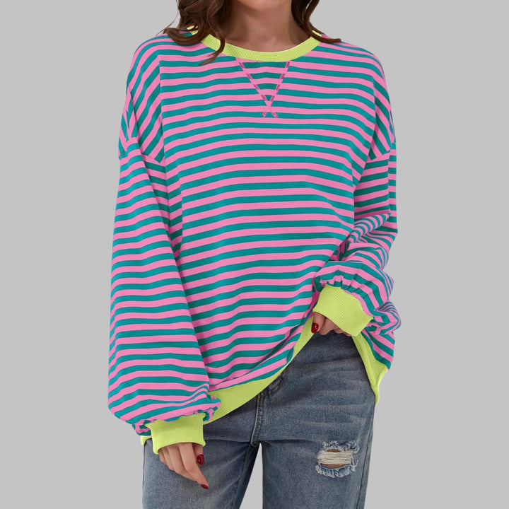 Women's striped oversized long-sleeve tee shirt style sweatshirt with crewneck