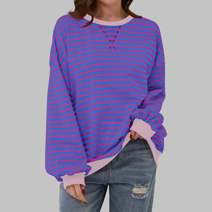 Women's striped oversized long-sleeve tee shirt style sweatshirt with crewneck