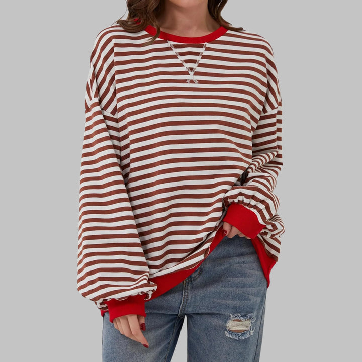 Women's striped oversized long-sleeve tee shirt style sweatshirt with crewneck