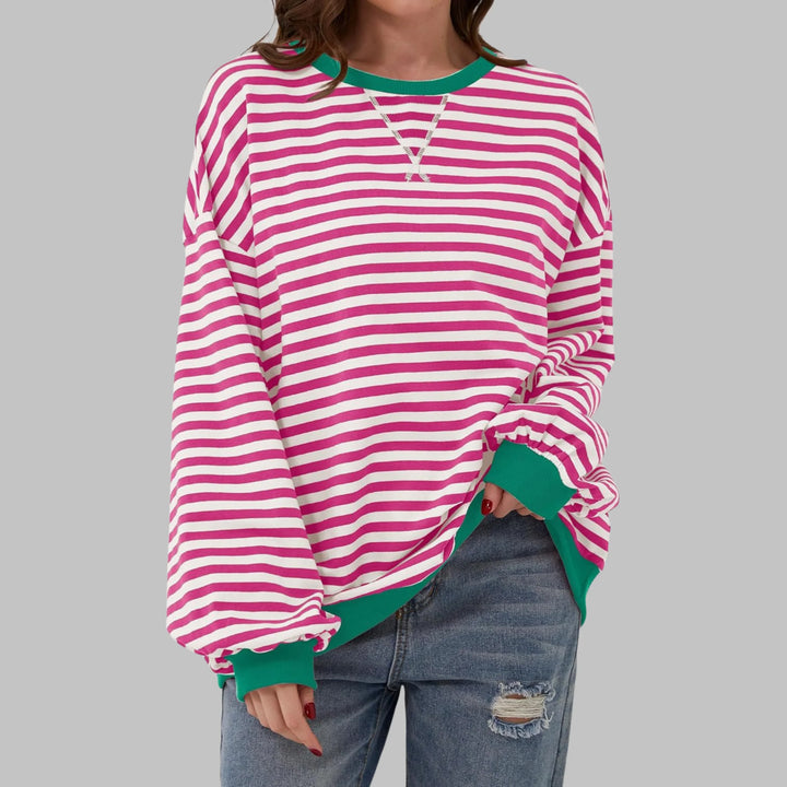 Women's striped oversized long-sleeve tee shirt style sweatshirt with crewneck