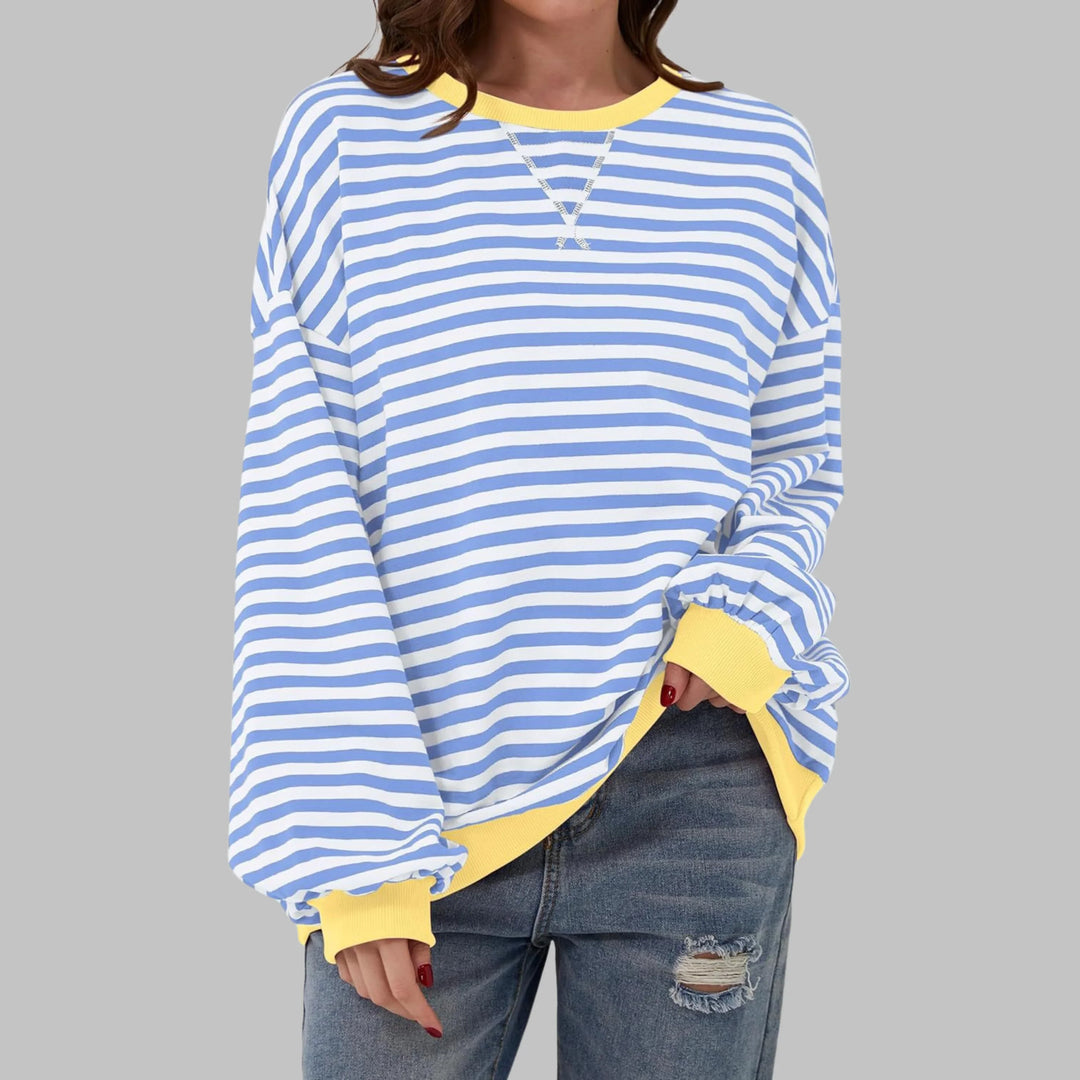 Women's striped oversized long-sleeve tee shirt style sweatshirt with crewneck