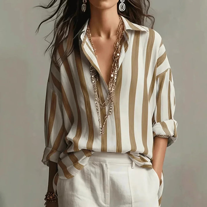 Women's striped shirt with long-sleeve button-down relaxed-fit design