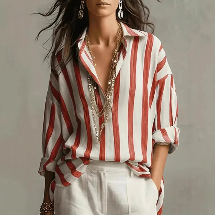 Women's striped shirt with long-sleeve button-down relaxed-fit design